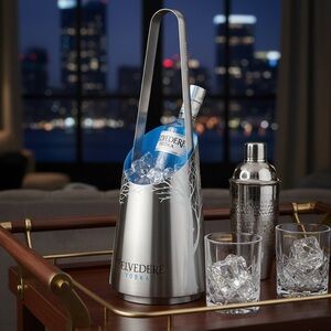 BELVEDERE VODKA Luxury Polished Stainless Steel Ice Bucket with Tongs NEW
